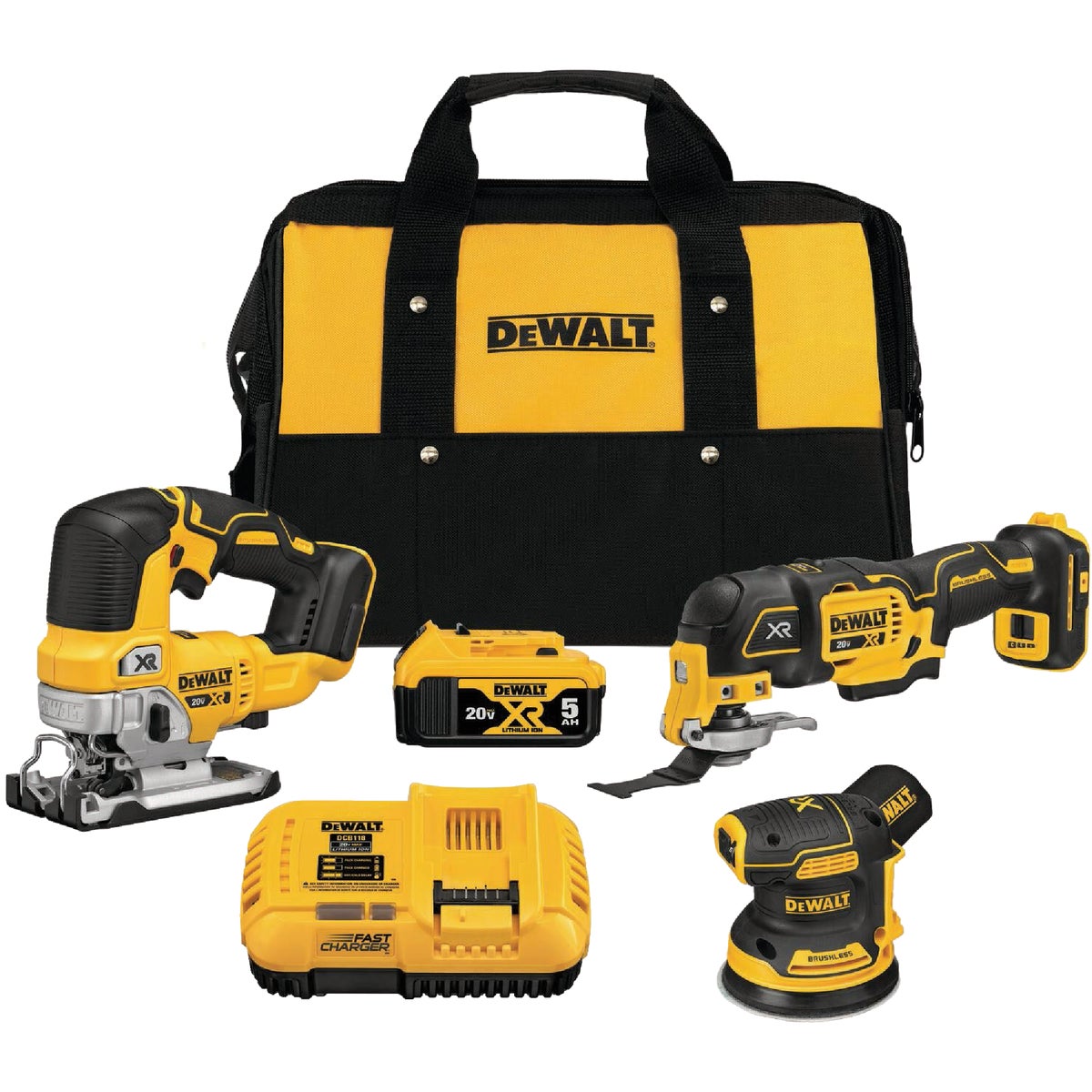 DEWALT 20V MAX XR 3 Tool Brushless Cordless Random Orbital Sander Oscillating Tool Jigsaw Woodworking Combo Kit with 5.0 Ah Battery Charger Power Townsend Company